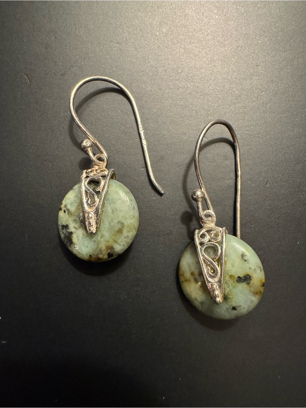 Sterling Silver Green Stone Filigree Earrings 1.25” - Signed RJ - Stamped 925